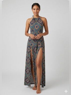 Veronica M Halter Maxi Dress in Blue Multi Geo
